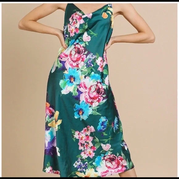 Floral Print Midi Dress Green Pink - Picture 1 of 3